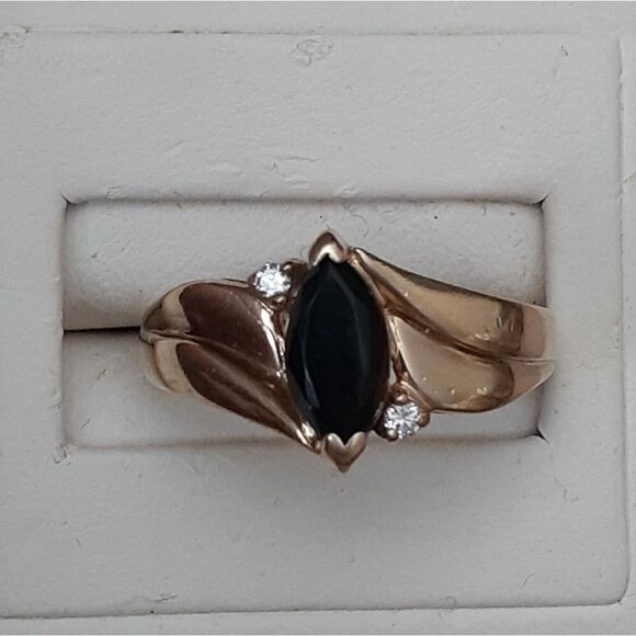 onyx ring 10k solid yellow gold black onyx diamond ring size 8 vintage - Picture 1 of 16